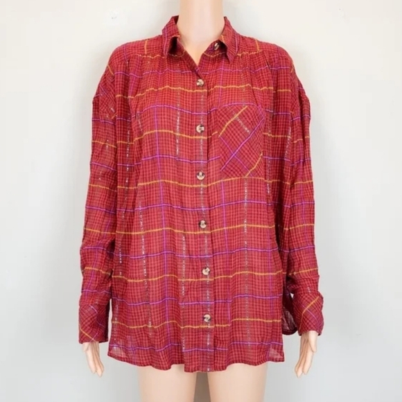 Free people plaid break my stride long sleeve button down shirt - Picture 3 of 11